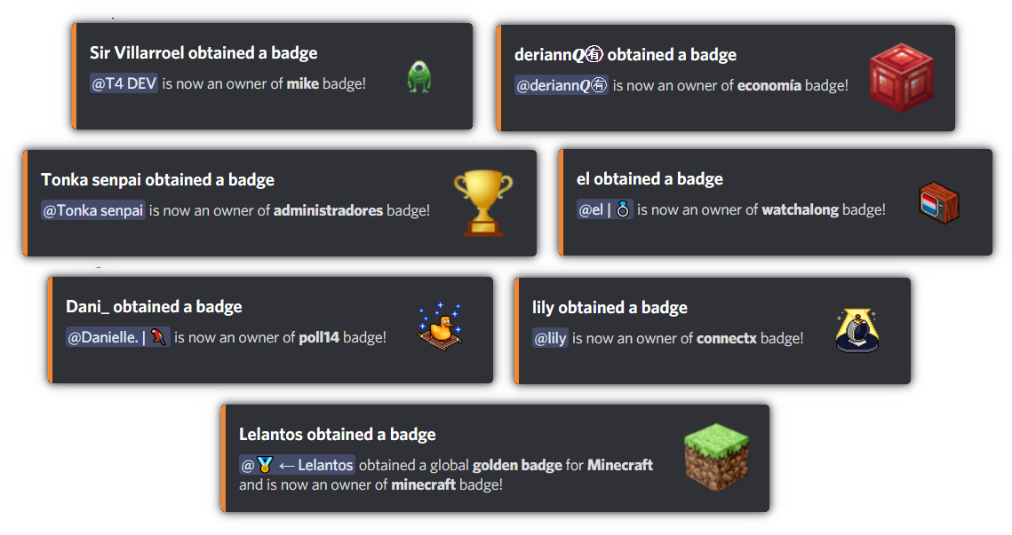 Discord badge announcement messages showing members who received new badges